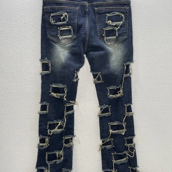 Watson Men's Stacked Studded Jeans Blue Size 34 | Designer Denim - Picture 7 of 7